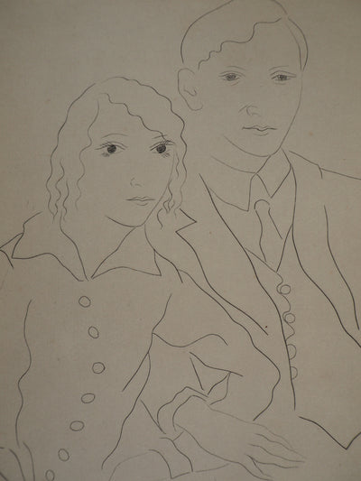 Léonard Tsuguharu FOUJITA : Les mariés (Portrait de Claire et Yvan Goll), 1926 - Gravure (détail)
