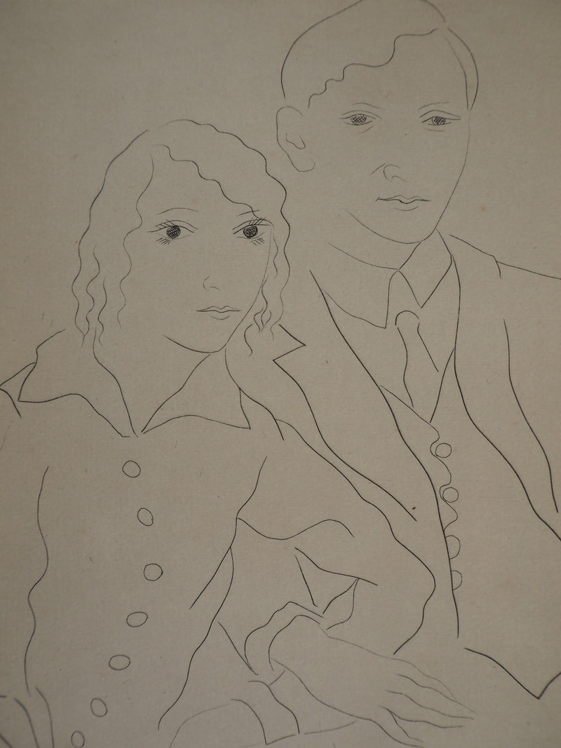 Léonard Tsuguharu FOUJITA : Les mariés (Portrait de Claire et Yvan Goll), 1926 - Gravure (détail)