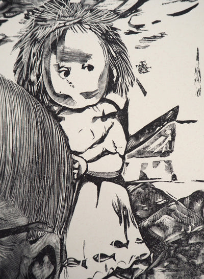 Léonard Tsuguharu FOUJITA : Autoportrait - Gravure sur bois (détail)