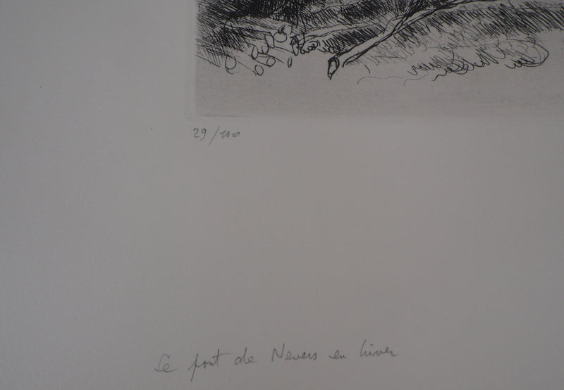 Luc FRANCOIS : Le pont de Nevers en hiver - Lithographie (détail)