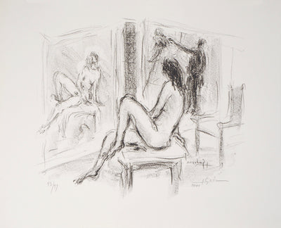 Charles GADENNE : Modèle assis de profil en face d'un miroir - Lithographie (détail)