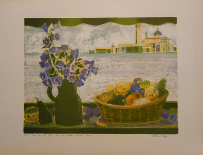 Pierre GARCIA FONS : Bouquet et corbeille de fruits sur l'eau - Lithographie
