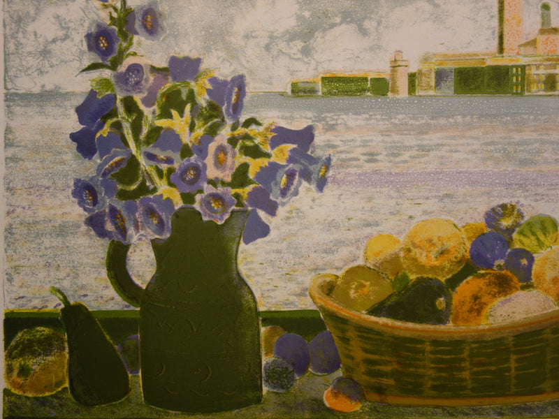 Pierre GARCIA FONS : Bouquet et corbeille de fruits sur l&