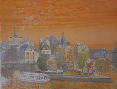 Pierre GARCIA-FONS : Coucher du soleil sur l'Ile de la Cité - Lithographie (détail)