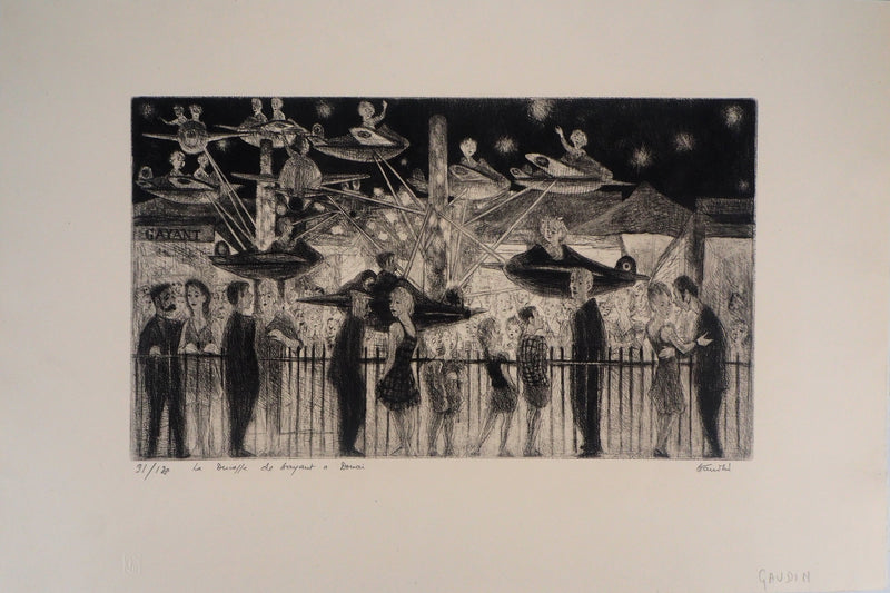 Auguste-Jean GAUDIN : Douai, la fête foraine - Lithographie