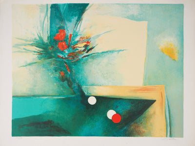 Claude GAVEAU : Bouquet au billard - Lithographie (détail)