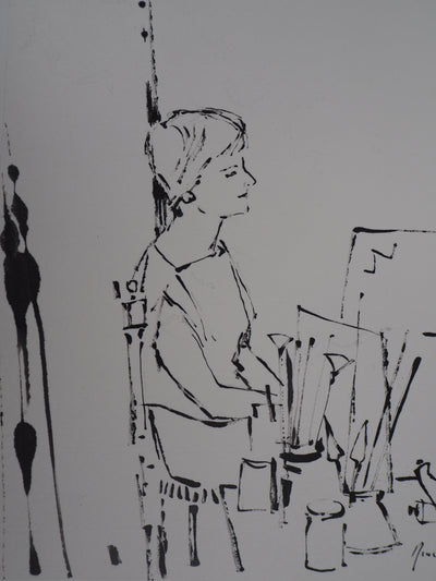 René GENIS : Jeune femme dans l'atelier - Dessin (détail)