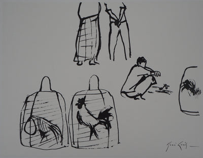 René GENIS : Bali, Coqs en cages, 1975 - Dessin