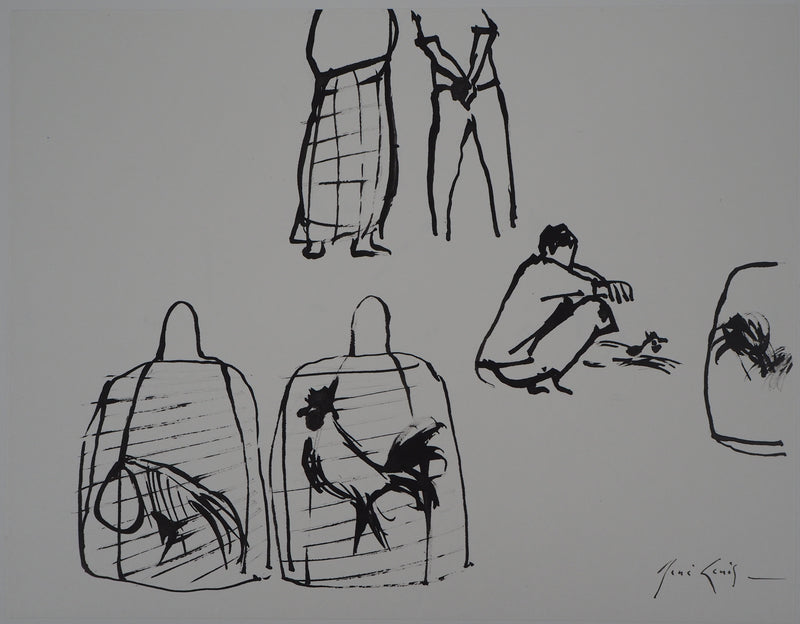 René GENIS : Bali, Coqs en cages, 1975 - Dessin