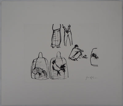 René GENIS : Bali, Coqs en cages, 1975 - Dessin (détail)