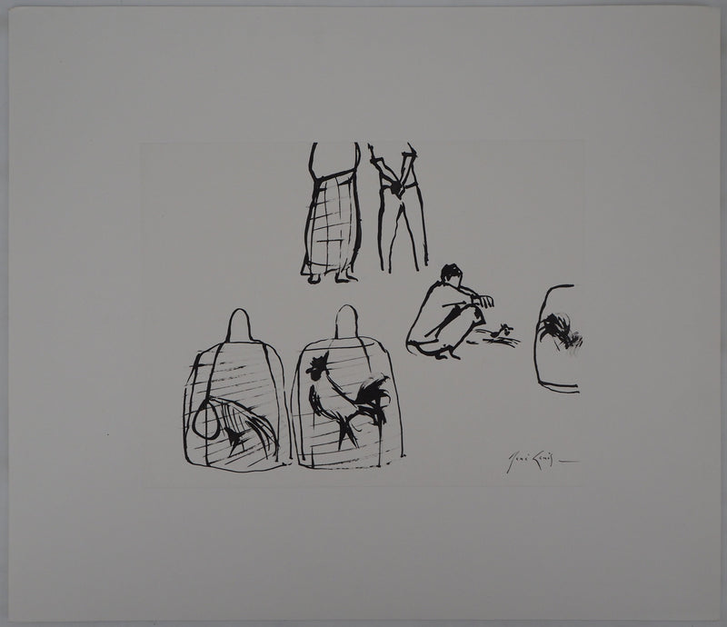 René GENIS : Bali, Coqs en cages, 1975 - Dessin (détail)