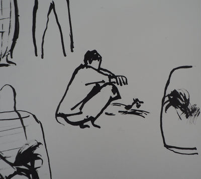 René GENIS : Bali, Coqs en cages, 1975 - Dessin (détail)