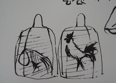 René GENIS : Bali, Coqs en cages, 1975 - Dessin (détail)