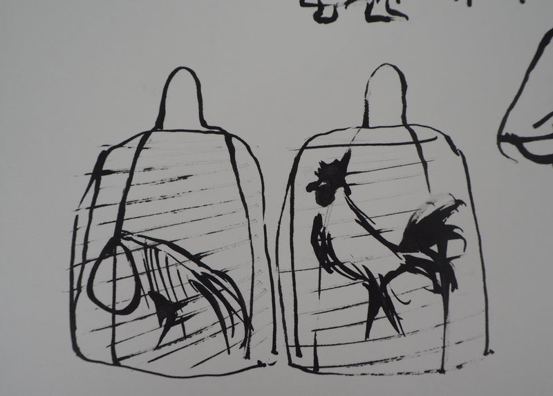 René GENIS : Bali, Coqs en cages, 1975 - Dessin (détail)