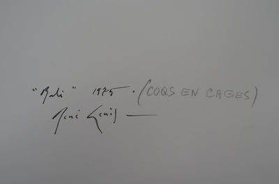 René GENIS : Bali, Coqs en cages, 1975 - Dessin (détail)