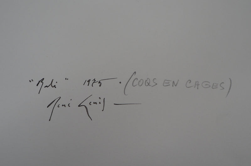 René GENIS : Bali, Coqs en cages, 1975 - Dessin (détail)