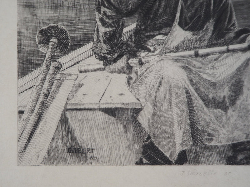 René GILBERT : Le pêcheur à la ligne - Gravure (détail)