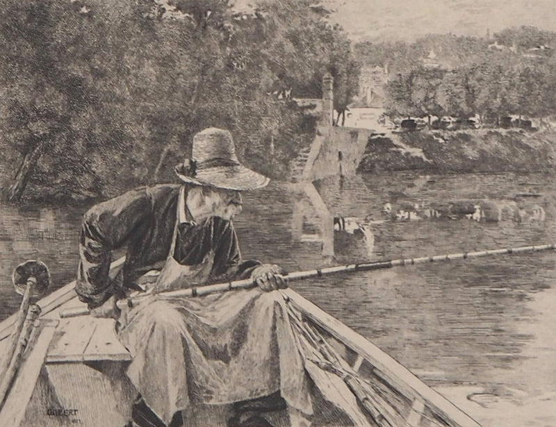 René GILBERT : Le pêcheur à la ligne - Gravure (détail)
