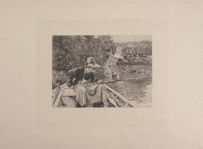 René GILBERT : Le pêcheur à la ligne - Gravure (détail)