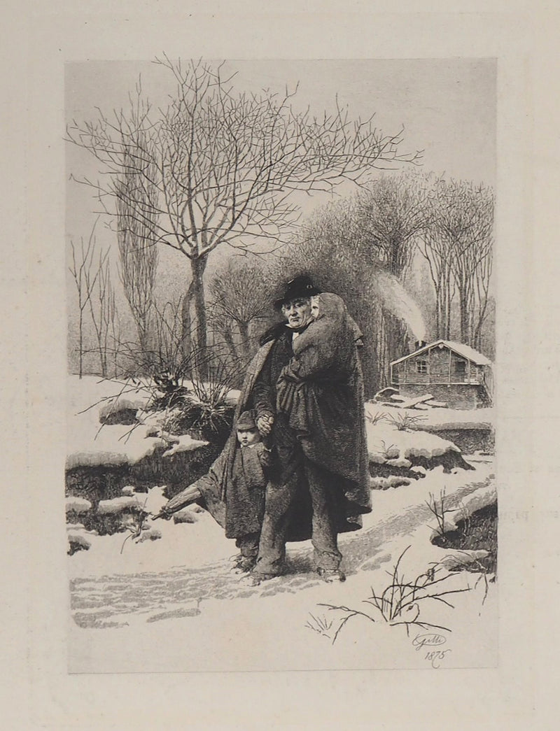 Alberto Maso GILLI : Grand père et ses petits enfants en promenade dans la neige, 1875 - Gravure