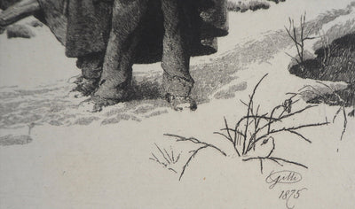 Alberto Maso GILLI : Grand père et ses petits enfants en promenade dans la neige, 1875 - Gravure (détail)