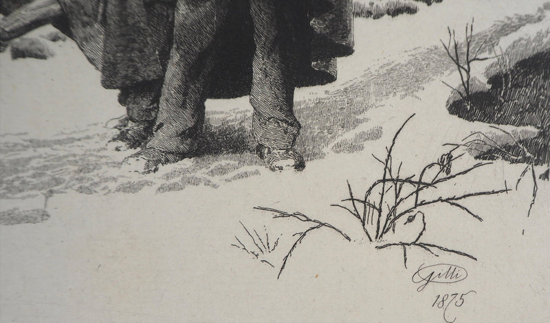 Alberto Maso GILLI : Grand père et ses petits enfants en promenade dans la neige, 1875 - Gravure (détail)