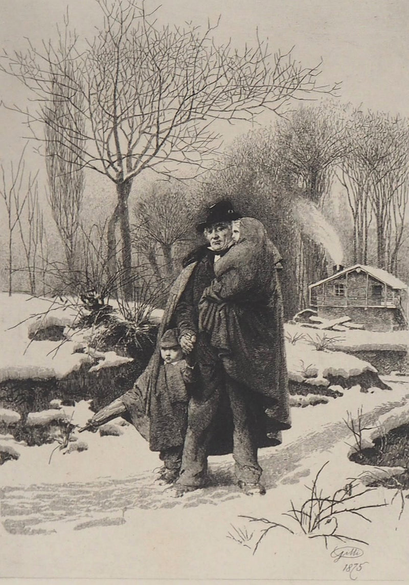 Alberto Maso GILLI : Grand père et ses petits enfants en promenade dans la neige, 1875 - Gravure (détail)