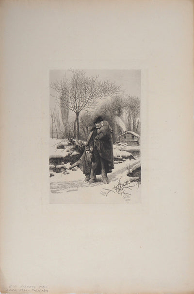 Alberto Maso GILLI : Grand père et ses petits enfants en promenade dans la neige, 1875 - Gravure (détail)