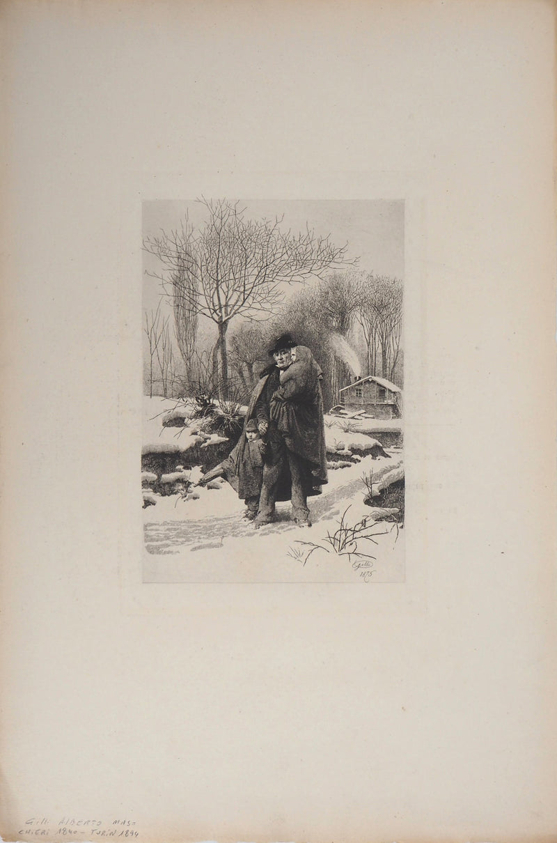 Alberto Maso GILLI : Grand père et ses petits enfants en promenade dans la neige, 1875 - Gravure (détail)