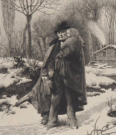 Alberto Maso GILLI : Grand père et ses petits enfants en promenade dans la neige, 1875 - Gravure (détail)