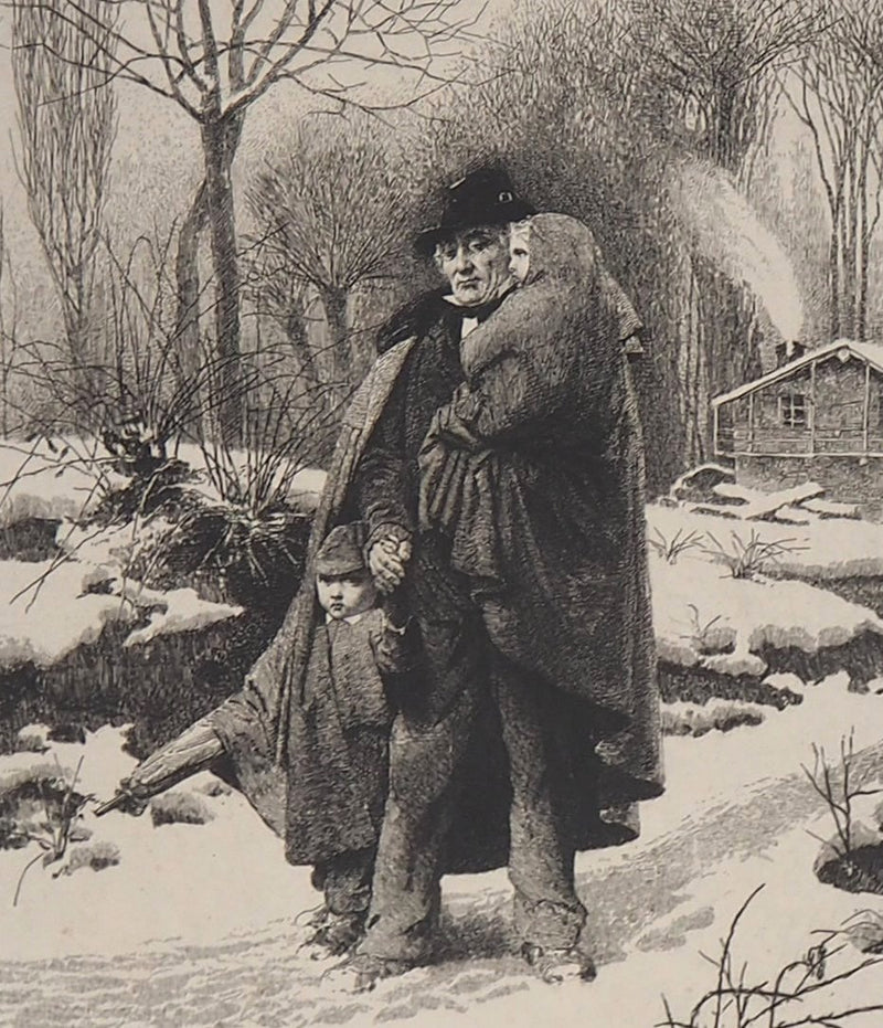 Alberto Maso GILLI : Grand père et ses petits enfants en promenade dans la neige, 1875 - Gravure (détail)