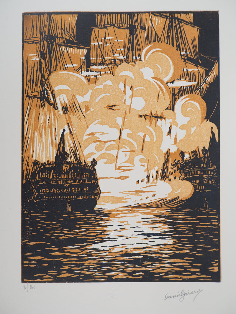 Daniel GIRARD : Combat Naval, 1925 - Gravure sur bois