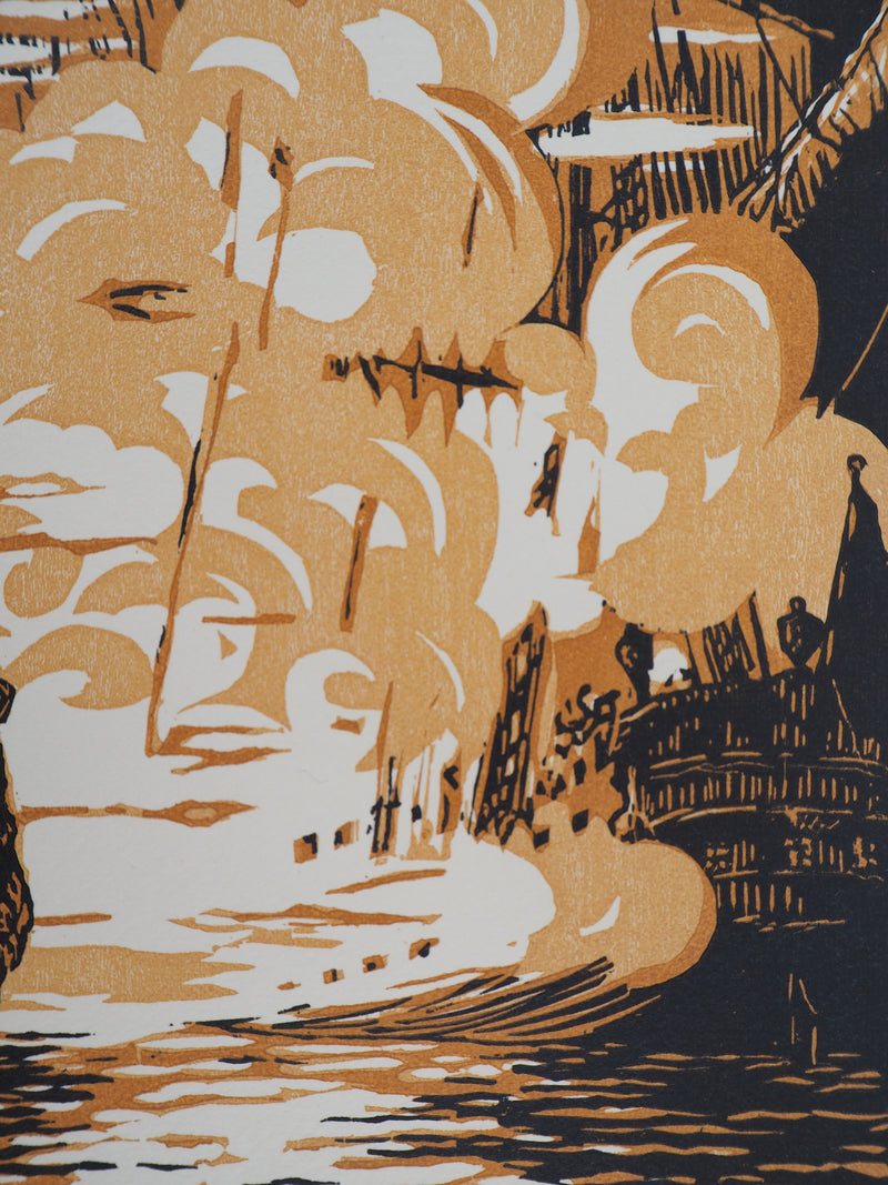 Daniel GIRARD : Combat Naval, 1925 - Gravure sur bois (détail)