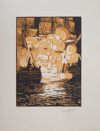 Daniel GIRARD : Combat Naval, 1925 - Gravure sur bois (détail)