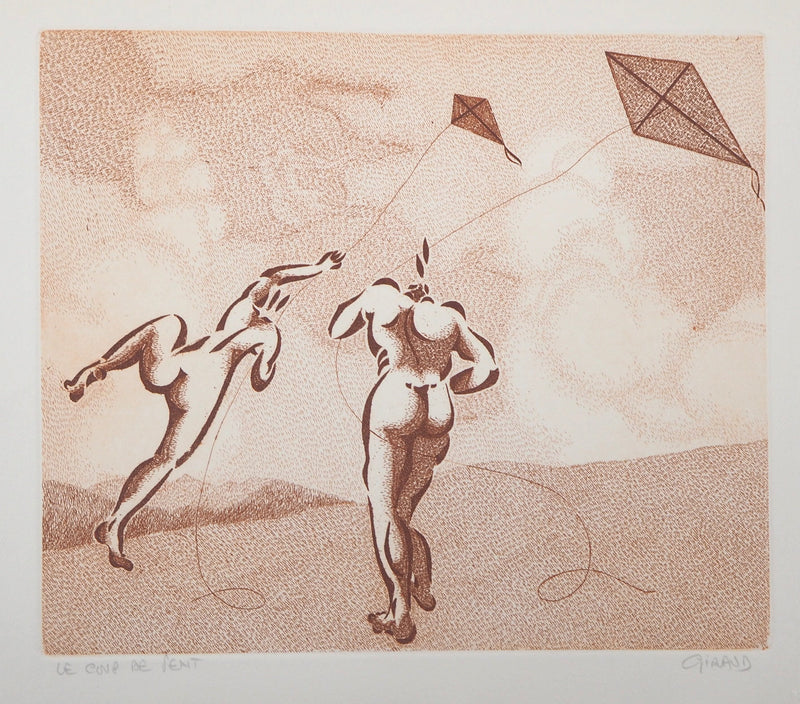 Jean GIRAUD : Le coup de vent, Cerf-volant - Gravure