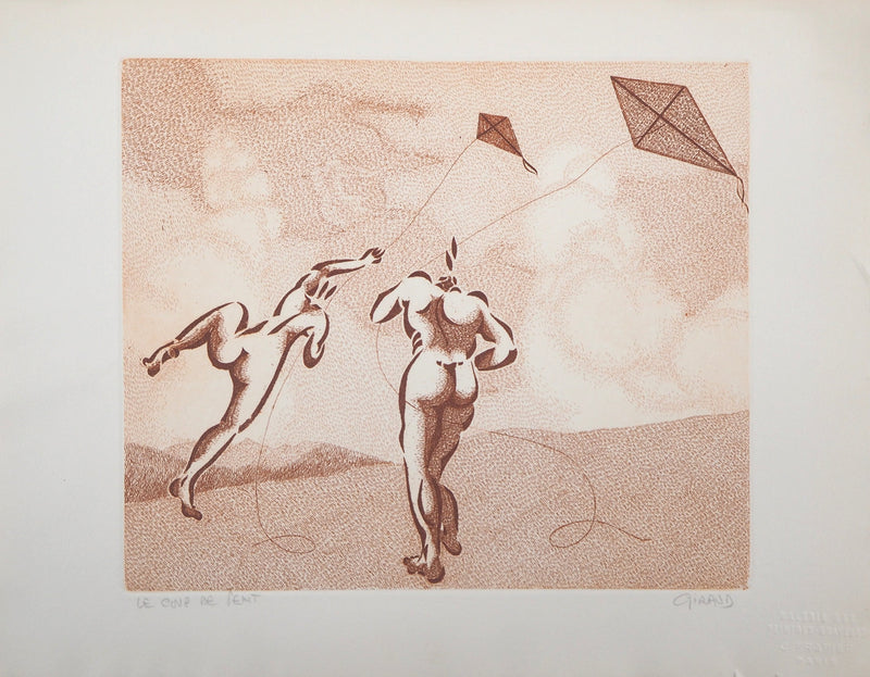 Jean GIRAUD : Le coup de vent, Cerf-volant - Gravure (détail)