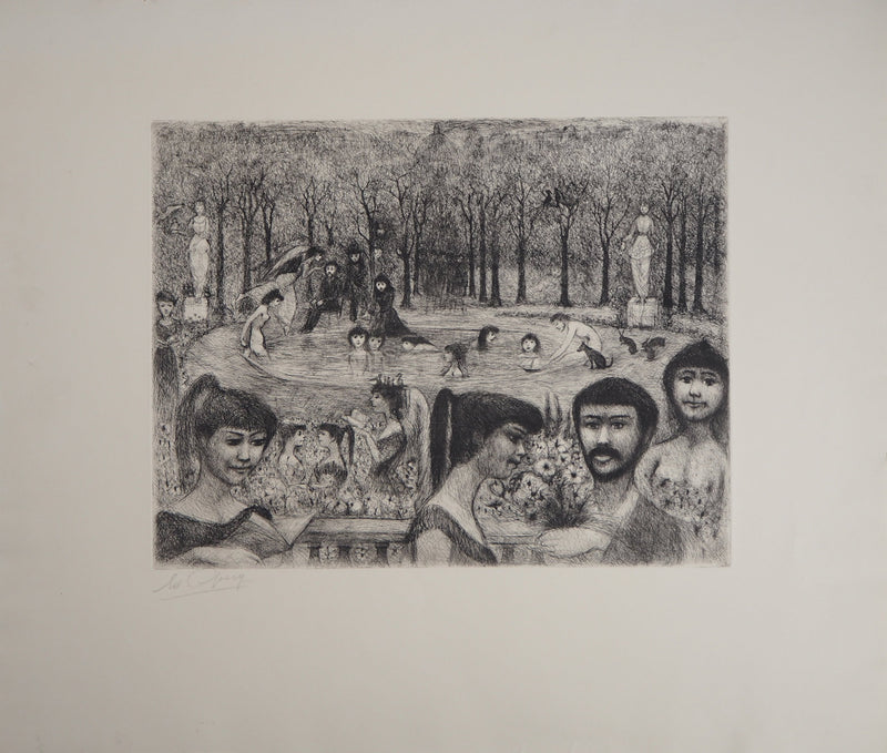 Edouard GOERG : Le bain dans le bassin aux naïades, 1956 - Gravure (détail)