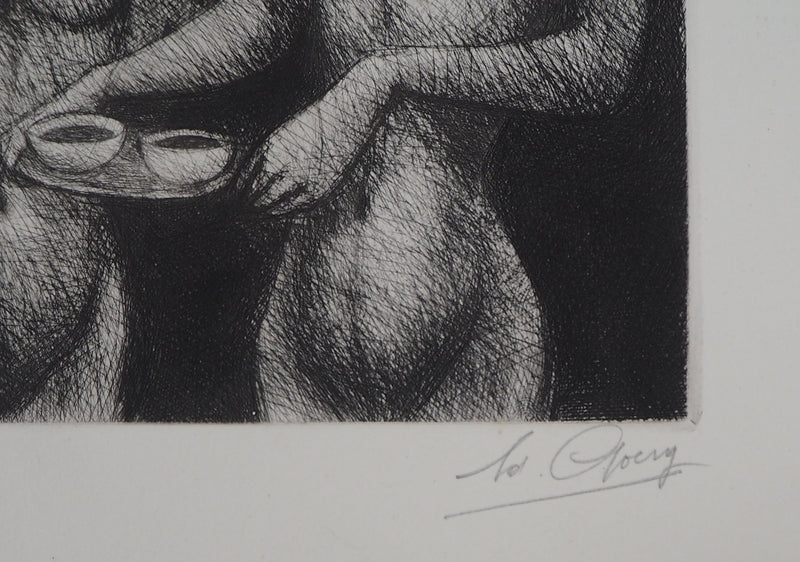 Edouard GOERG : Le Petit café du matin, 1954 - Gravure (détail)