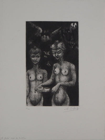 Edouard GOERG : Le Petit café du matin, 1954 - Gravure (détail)