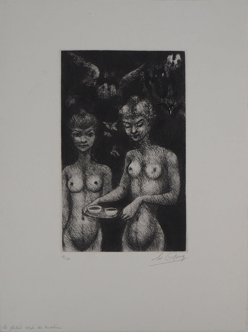 Edouard GOERG : Le Petit café du matin, 1954 - Gravure (détail)