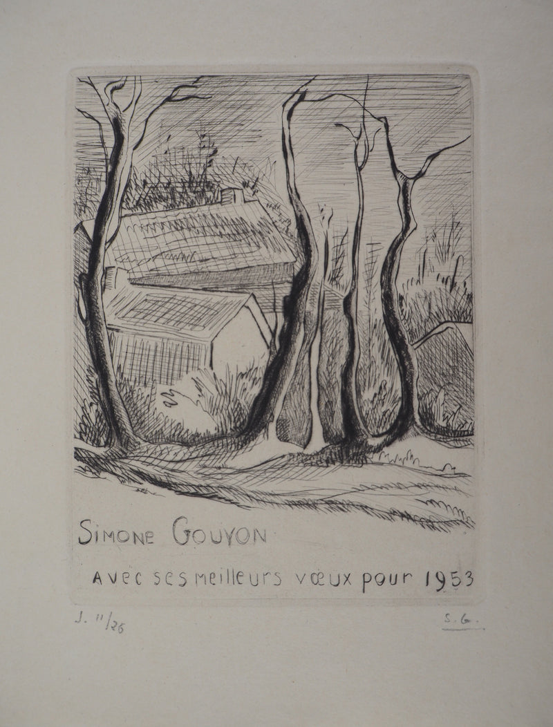 Simone GOUYON : Paysage de campagne, 1953 - Gravure