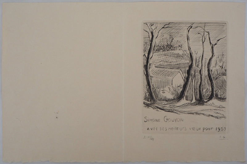 Simone GOUYON : Paysage de campagne, 1953 - Gravure (détail)