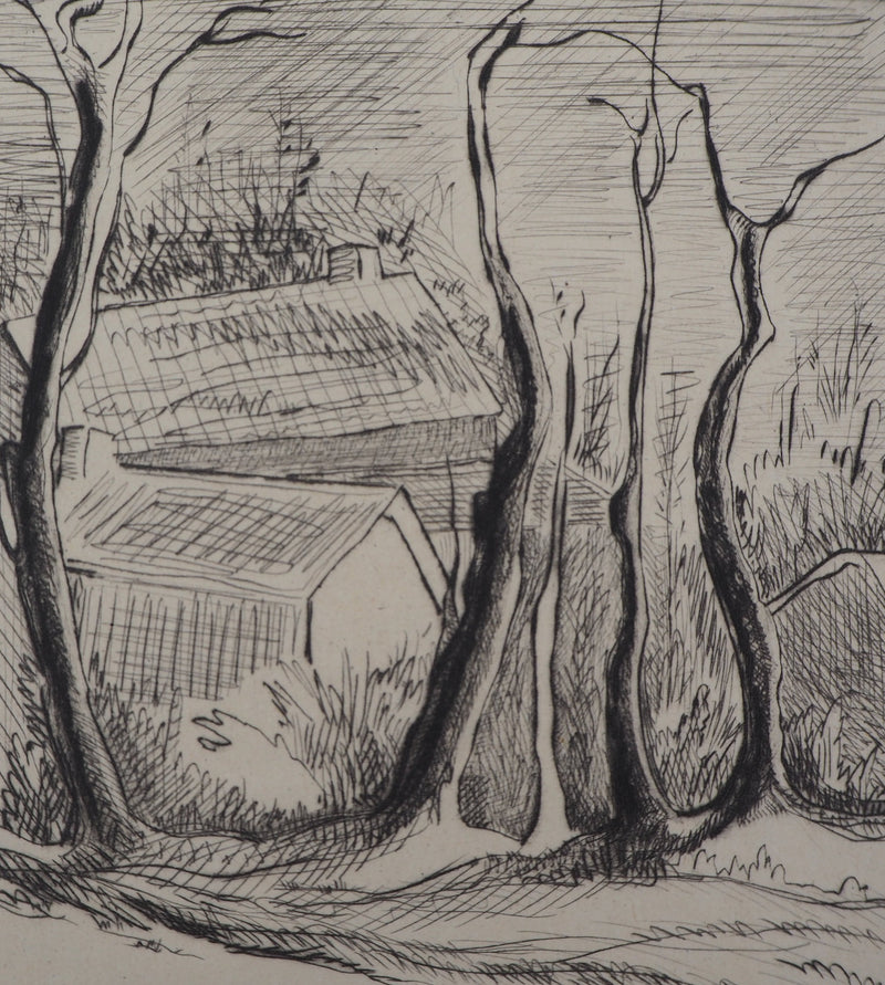 Simone GOUYON : Paysage de campagne, 1953 - Gravure (détail)