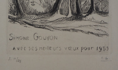 Simone GOUYON : Paysage de campagne, 1953 - Gravure (détail)