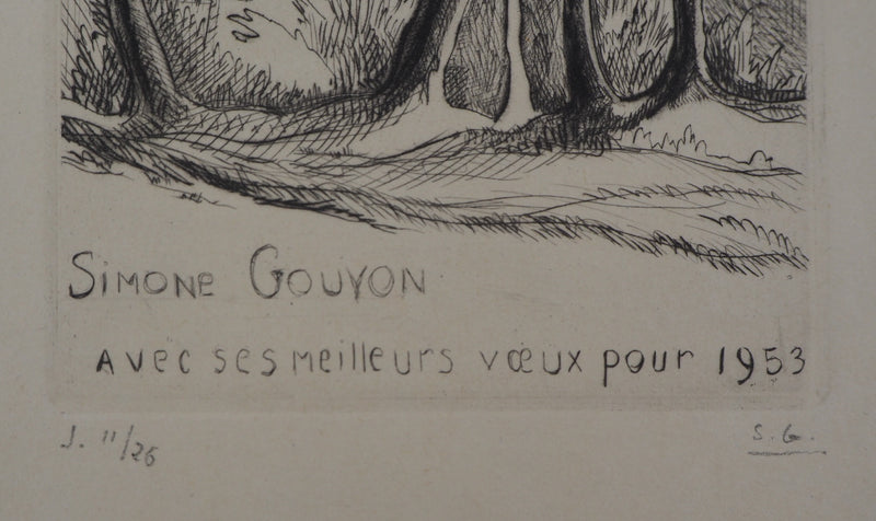 Simone GOUYON : Paysage de campagne, 1953 - Gravure (détail)