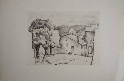 Pierre GUASTALLA : Les maisons du village - Gravure (détail)