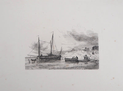 Théodore GUDIN : Matinée de pêche, 1828 - Lithographie (détail)