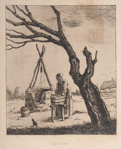 Henri GUERARD : Le puits, Lavage au puits - Gravure
