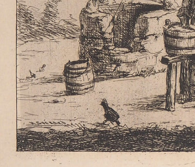 Henri GUERARD : Le puits, Lavage au puits - Gravure (détail)