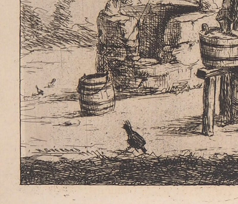 Henri GUERARD : Le puits, Lavage au puits - Gravure (détail)